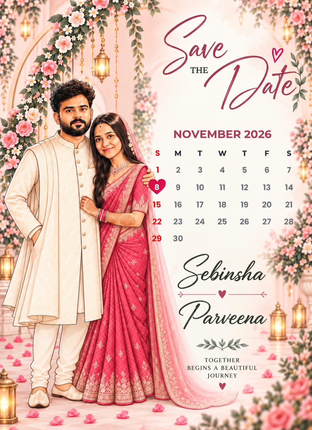 Sebinsha and Parveena wedding save-the-date artwork